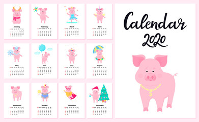 Calendar for 2020 from Sunday to Saturday. Cute pigs in different costumes. Superhero, Princess, Santa Claus. Funny animal. Piggy cartoon character