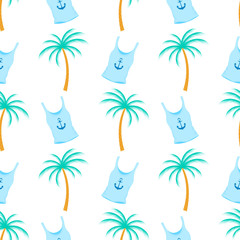 Fototapeta na wymiar Palm tree tropical and female t-shirt with anchor. Summer seamless pattern. Used for design surfaces, fabrics, textiles, packaging paper, wallpaper