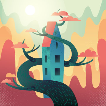 Fabulous house with roof, intertwined with tree on mountains,hills background. Autumn weather, warm fall sun shines, orange crowns. Square Flat cartoon illustration with textures and gradient