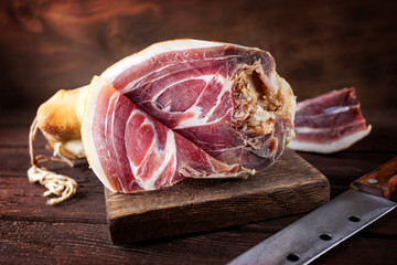 Spanish ham, bellota, jamon serrano, crudo, italian prosciutto, whole leg,  parma ham cut with a...