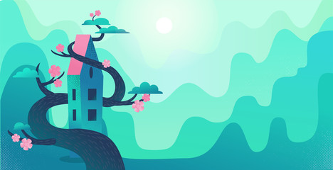 Fototapeta na wymiar Nature landscape with mountains, green hills, tall house twisted by tree. Big blooming tree wraps the house. Mountain village panorama. Flat cartoon illustration with textures and gradient