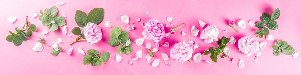 Pink pattern background with roses, above layout copy space
