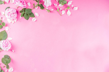 Pink pattern background with roses, above layout copy space