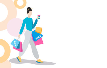 Woman with shopping bags. Fashion shopper girl silhouette in bright clothes. Woman with shopping bags and with cup of coffee walking.
