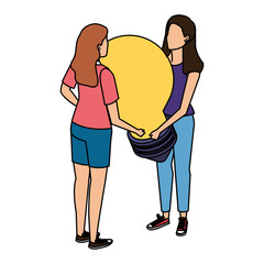 young women lifting bulb light