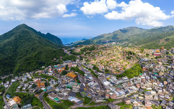 Aerial view over Jiufen Old town in Taiwan 