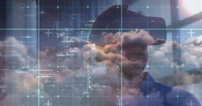 Businessman using virtual reality helmet against a computer analysis animation 4k
