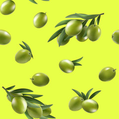 Vector seamless pattern with green olives on yellow. Background design for olive oil, natural cosmetics. Best for wrapping paper.