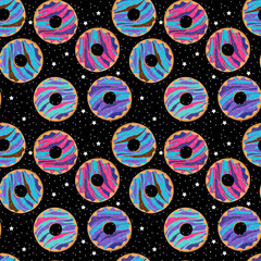 Seamless Vector Background with Galaxy Donuts and Stars
