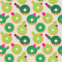 Seamless Vector Background with Cactus and Succulent Themed Donuts