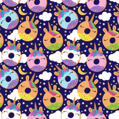 Seamless Vector Background with Unicorn Themed Donuts