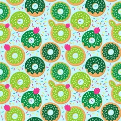 Seamless Vector Background with Cactus and Succulent Themed Donuts