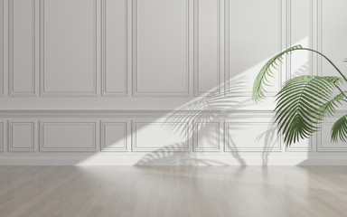 View of sun light cast the shadow on white empty wall and wood laminate floor with green plant ,Classic interior design. 3D rendering
