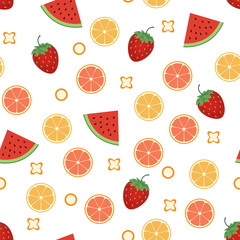 Seamless pattern of watermelon, strawberry, lemon. Vector illustration