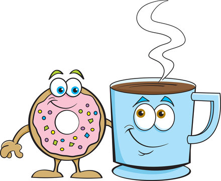 Cartoon illustration of a happy donut standing next to a cup of coffee.