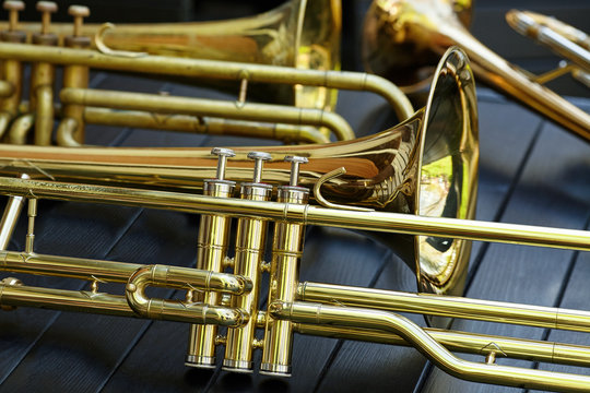 A close-up of a brass cornet or trumpet