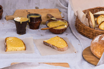 Street food - sandwiches made from rustic bread with honey
