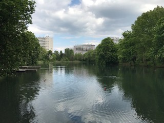 L'étang des pêcheries entouré de nature luxuriante au milieu d'une zone résidentielle au parc de la Héronnière à Watermael-Boitsfort 