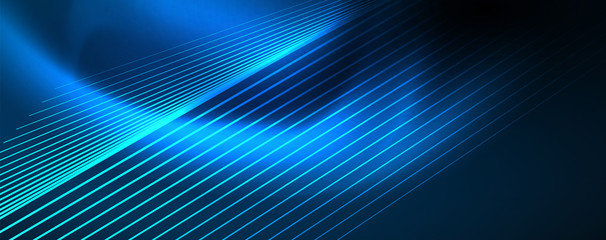Neon blue glowing lines, magic energy space light concept, abstract background wallpaper design © antishock