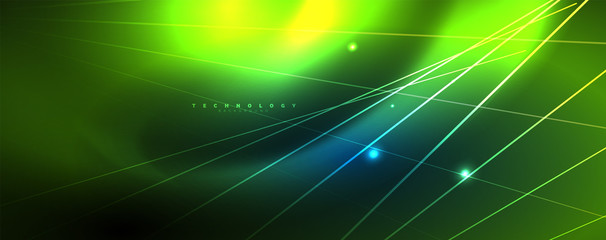 Neon blue glowing lines, magic energy space light concept, abstract background wallpaper design