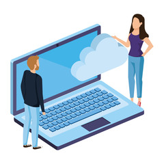 young couple with laptop and cloud computing
