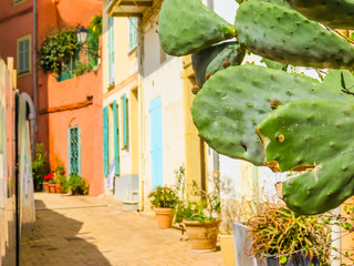 Bright yellow houses in the Villefranche-sur-Mer, of the Cote d'Azur, France