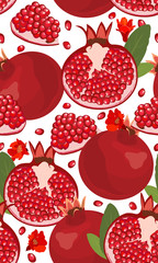 Seamless pattern pomegranate fruits and seeds on white background, Fresh organic food, Red ruby fruits pattern. Vector illustration.