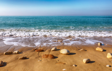 Fantastic view azure sea glowing by sunlight