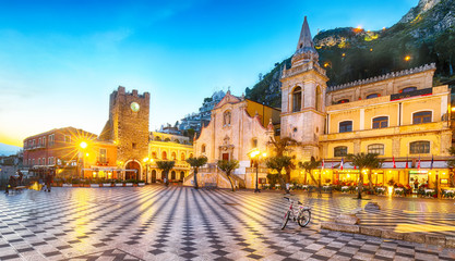 Fototapeta na wymiar Belvedere of Taormina and San Giuseppe church on the square Piazza IX Aprile in Taormina
