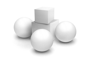 Blank objects composition mockup. White cube and sphere. Isolated objects on a white background. 3D rendering.