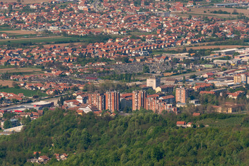 Panorama of Loznica seen from the mountain Gucevo. City of Loznica in west Serbia aerial view.