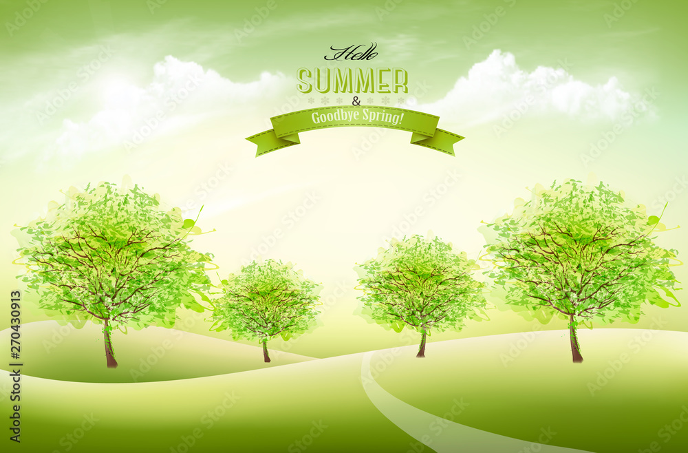 Poster beautiful summer nature background with a green trees and landscape. vector.