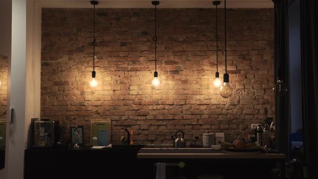 brick wall in the kitchen and retro loft style 