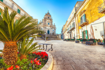 The baroque Saint George cathedral of Modica and Duomo square in Ragusa - obrazy, fototapety, plakaty