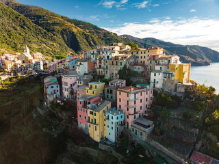 Fototapeta na wymiar Aerial view of Corniglia, nestled in the middle of the five centuries-old villages of Cinque Terre, Italian Riviera, Liguria, Italy.
