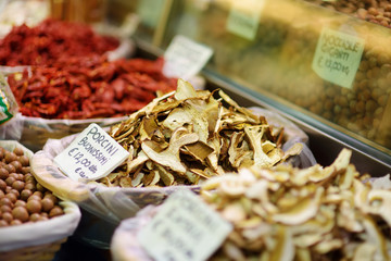 Dried porcini mushrooms sold on a marketplace in Genoa, Italy