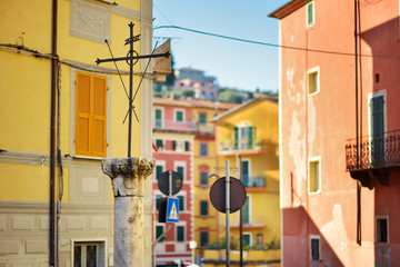 Fototapeta na wymiar Colorful houses of Lerici town, located in the province of La Spezia in Liguria, part of the Italian Riviera