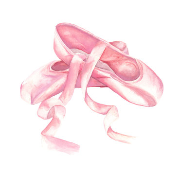 Pink Ballet Shoes Hand Painted Watercolor Illustration
