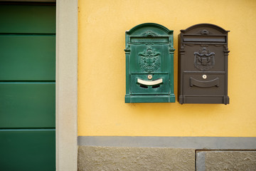 Beautiful mailboxes on medieval cobblestone streets of Bergamo, Lombardy, Italy.