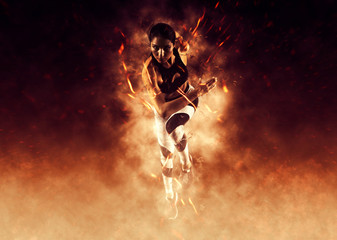 woman running on fire background