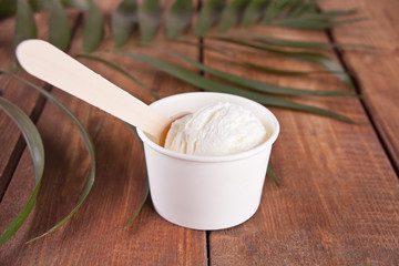 Vanilla ice cream with spoon and palm leaf on the wooden background