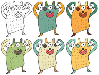 Funny cartoon colored write hand made draw doodle monster aliens eyes