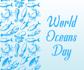 World Oceans Day design template. Ocean health protect poster. Nature care banner. Environment planet Isolated vector illustration.
