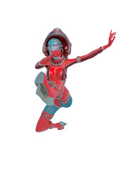 alien queen in a red sci fi outfit doing a angry jump in a white background