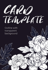 Invitation or greeting card template design with peony outlines. Hand drawn elements converted to vector