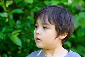 Head shot of cute little boy looking out, Cropped shot side view Kid standing in the park in sunny day summer with blurry green nature background.