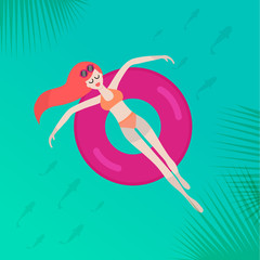 Girl in bikini swimsuit relaxing on an inflatable ring in the pool. Summer vacation vector illustration.