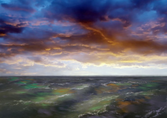 Fototapeta na wymiar Oil digital paintings landscape, sunset over the sea. Fine art.