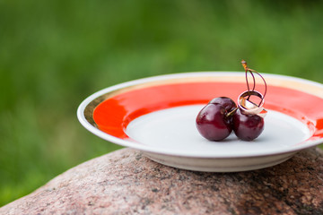 wedding rings and cherries. The concept of a wedding. Golden rings close up with cherry berries like background. Empty space for text. Invitation card.two rings on plate with berries