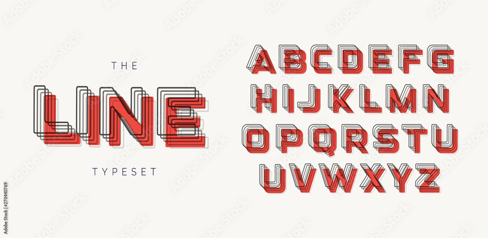 Fototapete Modern style geometric font. Contour alphabet of the lines with blend effect and red spot/shadow. Bold tagline letters.